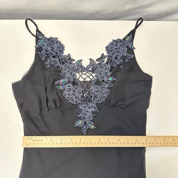 Vintage Y2K Black Cami Asymmetrical Slip Dress S Beaded Fairy Goth Whimsigoth - Picture 12 of 13